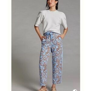 Anthropologie Maeve Kalle Track Pants Drawstring Waist Sky Blue Chain Print. S